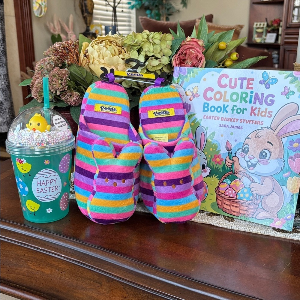Brand New Girls Easter Basket Gift Set Peeps Slippers Chick Cup Coloring Book